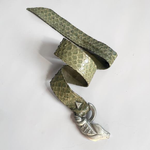 80s Snake Head Buckle Snakeskin Belt  Leather Vintage Giant Buckle Exotic Lthr - Picture 2 of 9